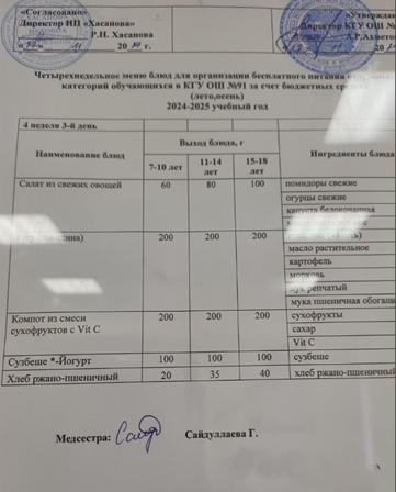 Тағамдар мәзірі 4 апта 3 күн (27.11.2024)