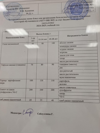 Тағамдар мәзірі 4 апта 5 күн (29.11.2024)