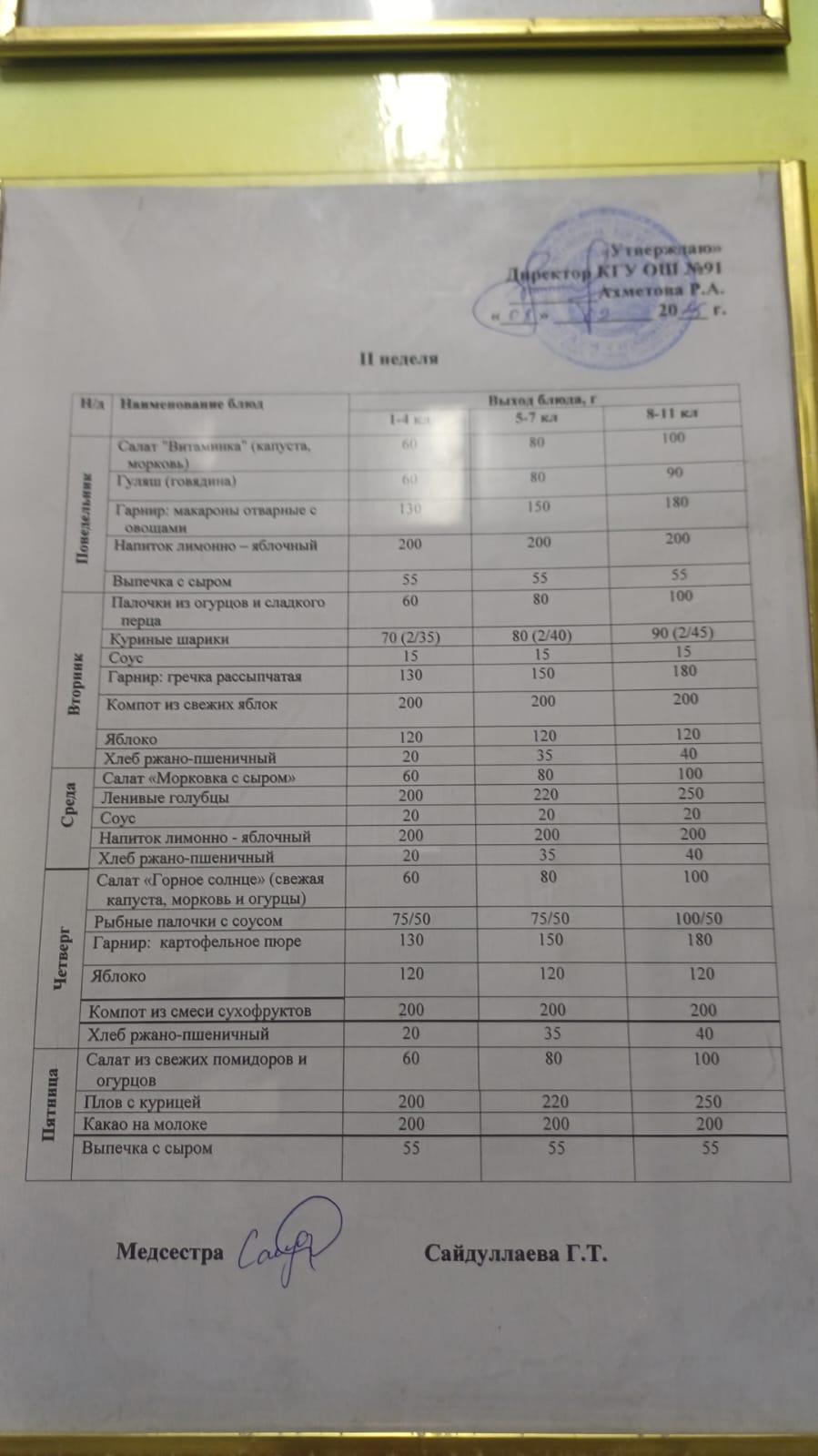 Ас мәзірі  бойынша 2-апта,2-күн